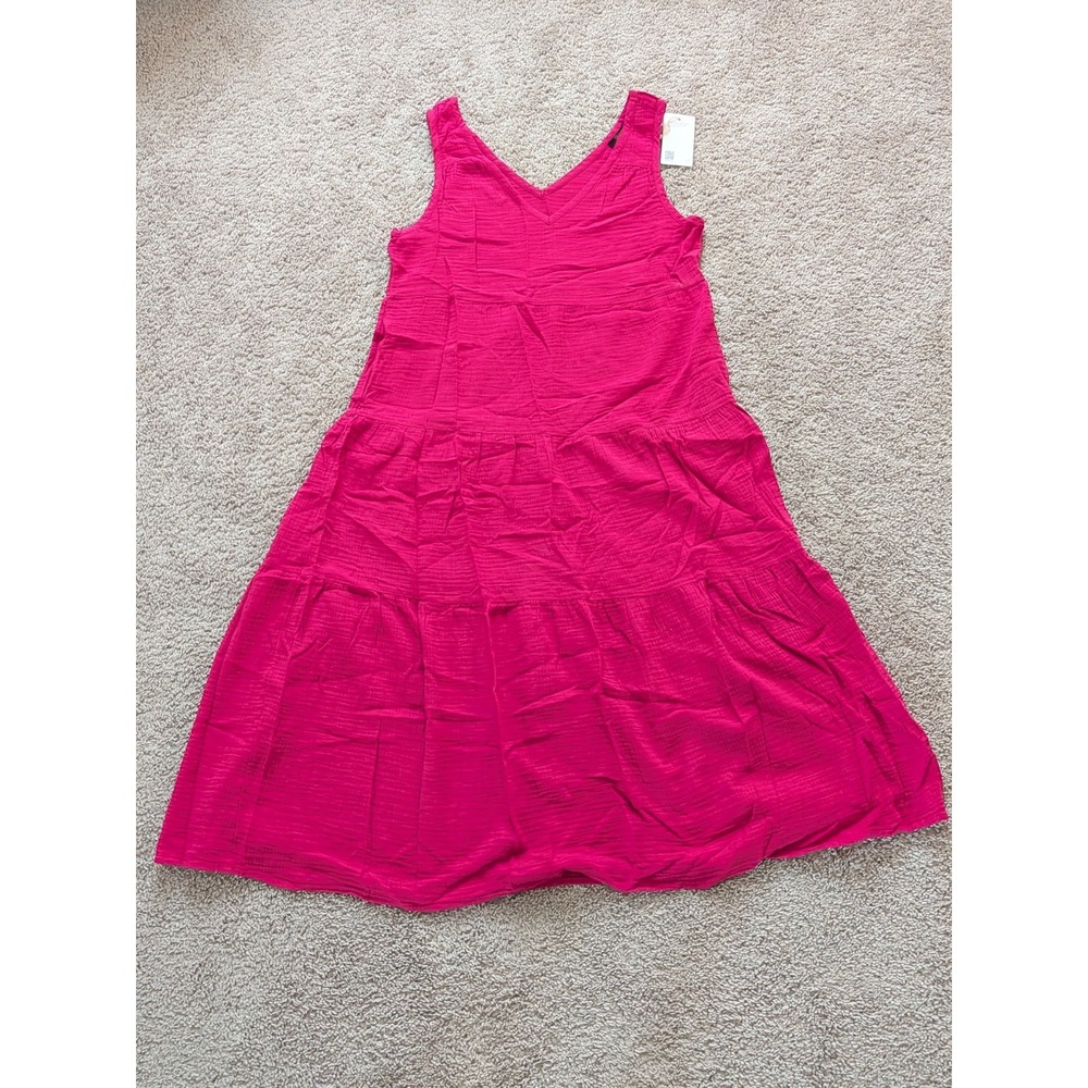 Quince 100% Organic Cotton Gauze Tiered Maxi Dress Size Large Amaranth Pink NWT
